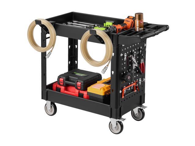 Heavy Duty Utility Cart with Tray & Pegboard, 550 LBS 2 Tier Service Cart with 360° Swivel & Fixed Wheels (2 with Brakes), Plastic Rolling Cart,.