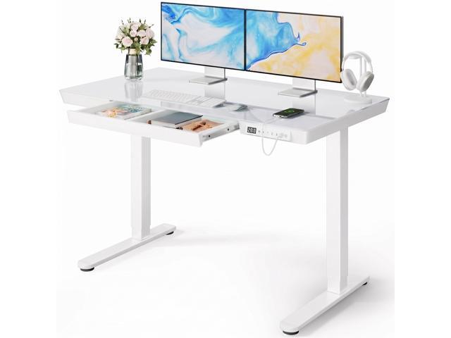 Glass Standing Desk with Drawer, 47.24 inch Electric Standing Desk, Height Adjustable Desk with One-Piece Tabletop & USB Charging Ports, Sit Stand.