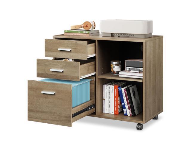 Wood File Cabinet, 3 Drawer Lateral Filing Cabinet, Gray Oak Mobile Office Cabinet, Printer Stand, Open Storage Shelves, Letter & A4 Compatible,...