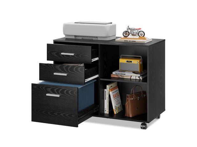 Wood File Cabinet, 3 Drawer Lateral Filing Cabinet Black Mobile Office Cabinet, Printer Stand, Open Storage Shelves, Letter & A4 Compatible, Home.