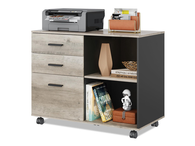 3-Drawer Mobile File Cabinet, Lateral Filing Cabinet, Greige Wood, Rolling Printer Stand, Under Desk Storage, Open Shelves, Fits Letter & A4...
