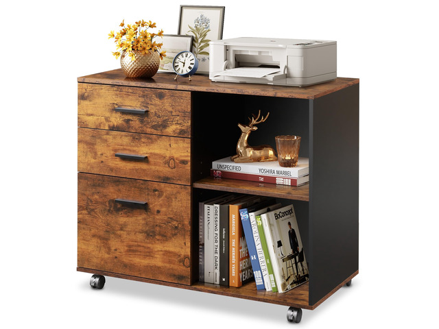 3-Drawer Mobile File Cabinet, Lateral Filing Cabinet, Rustic Brown Wood, Rolling Printer Stand, Under Desk Storage, Open Shelves, Fits Letter & A4...