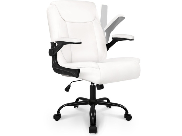 Desk Office Gaming Computer Chair Ergonomic Executive Mid-Back Leather with Adjustable Padded Flip-Up Armrests Cushion Wheels Swivel for Home Study...