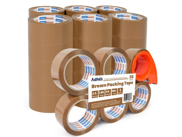 ADHES Brown Packing Tape with Dispenser, 1.88 Inch x 55 Yards, 36 Rolls Heavy Duty Shipping Tape for Moving Boxes, Packaging and Storage, Strong...