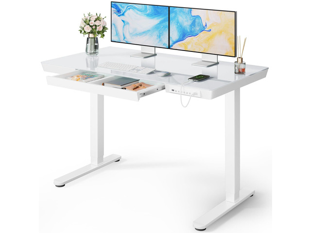Glass Standing Desk with Drawer, 48 x 24 inch Electric Standing Desk, Height Adjustable Desk with One-Piece Tabletop & USB Charging Ports, Sit...