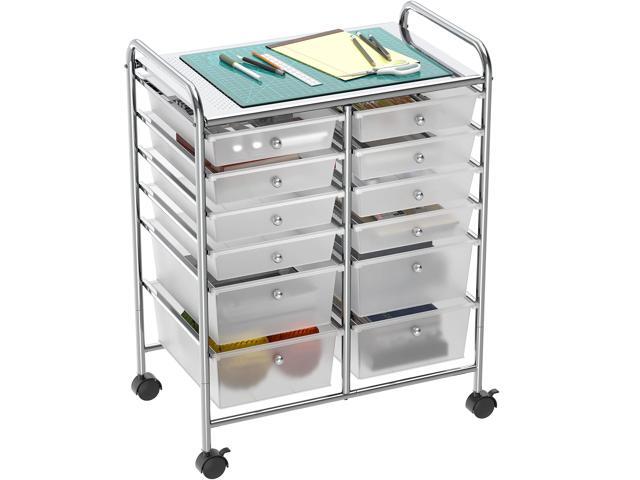 12 Drawers Rolling Utility Cart Organizer, Chrome 2-Column, 32' Height, Lockable Wheels, for School, Office, Art Craft, and Paper Storage