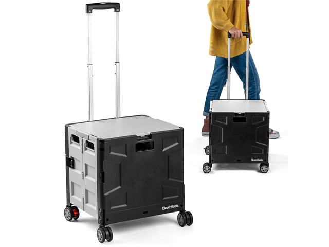 Collapsible Rolling Crate with Lid, 55L, 4-Wheel, Cool Gray Four swivel wheels move in any direction, while the telescoping handle guides up to...