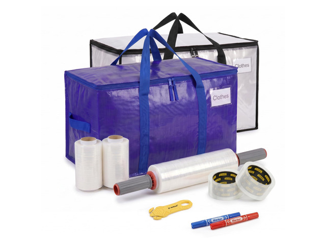 Complete Moving Supplies Kit with 2 Heavy Duty 90L Moving Bags, 3 Stretch Wrap Rolls, 2 Packing Tape Rolls, 2 Rotating Handles, Safety Cutter &...