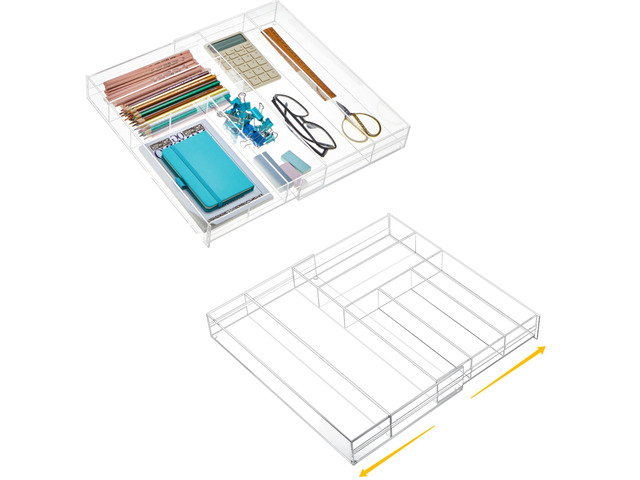 2 Pcs Acrylic Drawer Organizer 9'' up to 18'' x 15'' x 2'' Expandable Drawer Organizer Pens Notebook Ruler Makeup Tray with 7 Adjustable...
