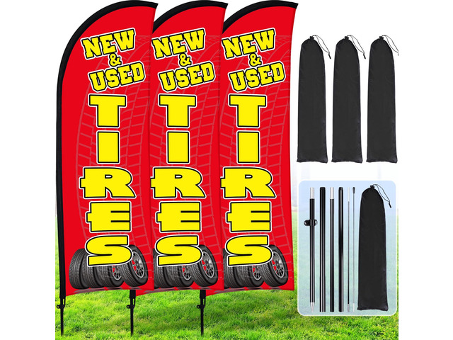 3 Sets Tires Shop Feather Flags with Poles 7ft New and Use Tires Flags for Businesses Outdoor Advertising Banner Sign to Sale Tyre Signs Supplies(Red)