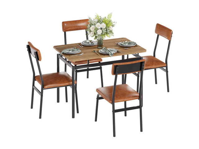 Dining Table Set for 4, 5 Piece Wooden Dining Table and Chairs, 4 PU Upholstered Chair, Modern Metal Frame Dinette Set for Dining Room, Home...