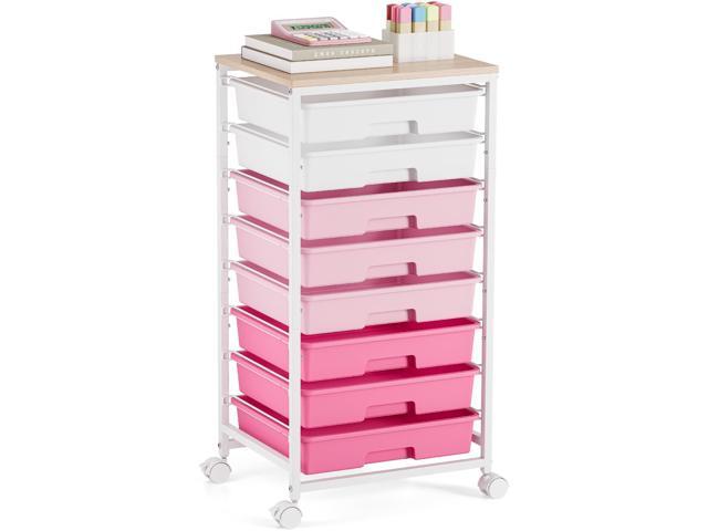 Rolling Cart with Drawers, Pink Cart with 8 Plastic Drawer Storage and Wooden Tabletop, Craft Storage, Teacher Cart, Storage Cart on Wheels, Rose Pink
