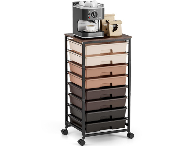 Rolling Storage Cart with 8 Drawers,Brown Utility Cart on Wheels with Wooden Tabletop,Teacher Organization for Classroom, Art Cart for...