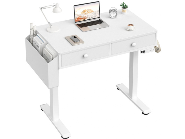 Electric Standing Desk with Drawers, 32 Inch White Small Height Adjustable Sit Stand Desk with Storage for Small Space Home Office Bedroom, Study...