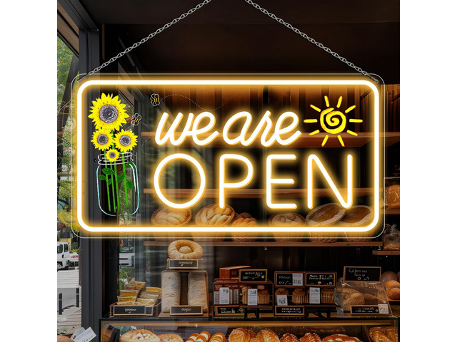 Neon We Are Open Signs for Business, 23x12'' Open Sign with Printed Flower and Sun, with ON/OFF Switch & Adapter, Warm White, Ideal for Window,...