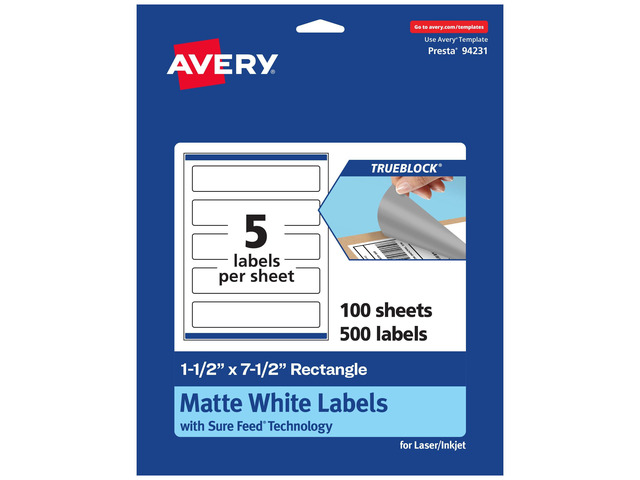 TrueBlock Matte White Rectangle Labels, Sure Feed Technology, 1.5' x 7.5', 500 Matte White Labels, Print-to-The-Edge, Laser/Inkjet Printable, Great...