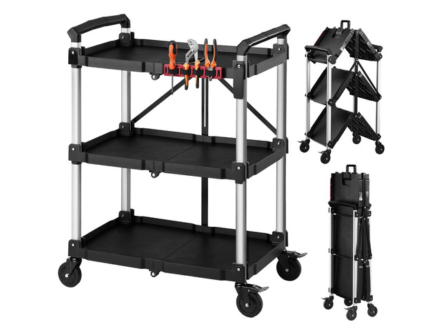 3 Shelf Heavy Duty Folding Jobsite Cart, 3 Tier Rolling Cart with Side Tool Holder & 360° Swivel Wheels (2 Brakes), 300 LBS Folding Utility Cart,...
