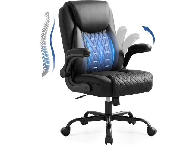 Executive Office Chair with Comfortable Lumbar Support, Ergonomic Gaming Chair with Flip-up Armrests & Zoned Pressure-Relief Cushion, Comfy PU...