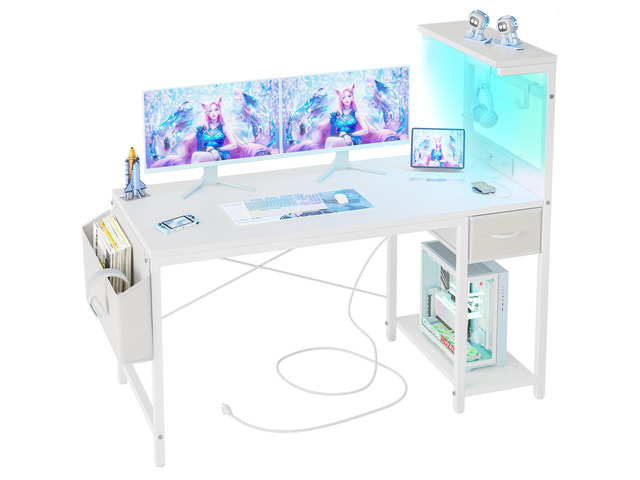 Gaming Desk 55 inch with Power Outlet and LED Light, Computer Desk with Reversible Shelves and Storage Drawer, Small PC Desk for Home Office Table...