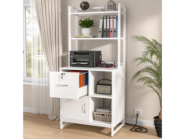 Vertical Filing Cabinet with Bookshelf for Home Office, White File Cabinet with Shelves, Lock & Charging Station, Drawer Office File Cabinets...