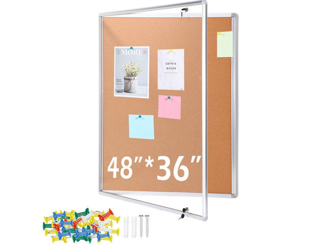 Enclosed Bulletin Lockable Cork Case Notice Board 48 x 36 Inch Weatherproof Bulletin Board with Aluminum Frame Mounting Screws Outdoor for School...