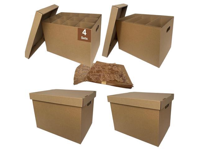 Kitchen Moving Boxes with Wine Dish Glass Packaging Divider Kits and Cushion Wraps, 4 Pack 17x12x12'', Reinforced Handles, Tape-Free (CK171212)