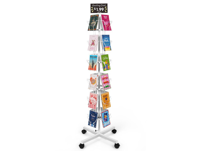 Greeting Card Display Stand Rotating Rack Holder for Postcard Sticker Retail, Metal White, Large Size with 24 Display Pockets