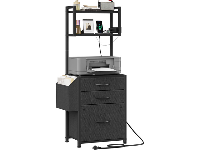 3 Drawer File Cabinet with Charging Station, 45''H & 3-Tier 11''D*16''W for Small Printer, Home Office & Bedroom, Fabric Drawer, Fits Letter/A4,...