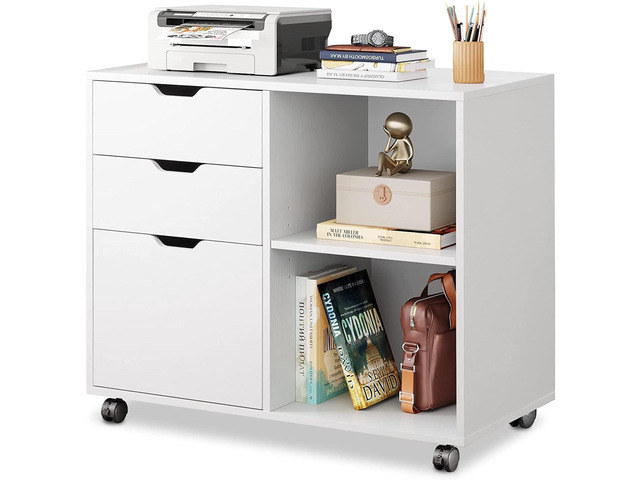 3 Drawer File Cabinet, Lateral Filing Cabinet White Mobile Printer Stand, Open Storage Shelves, Letter & A4 Compatible, Wood, Home Office