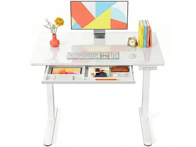 Glass Standing Desk with Drawer 37 x 22 Inches Stand up Desk Standing Desk Adjustable Height with One-Piece Tempered Glass Top, Ergonomic Home.