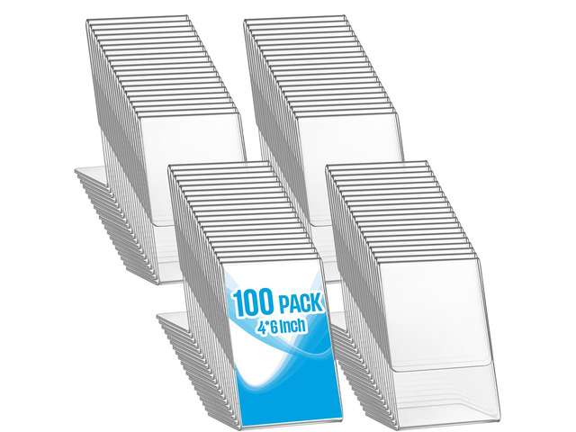 100 Pack 4 x 6 Acrylic Sign Holder Bulk, Clear Plastic L Shape Table Sign Holder, Vertical Desktop Display Stand for Menu, Picture, Photo, Flyer,...