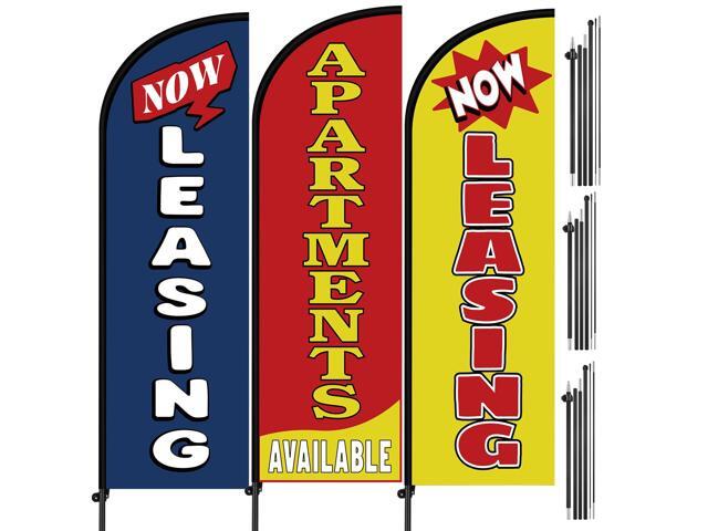 3 Set 7 ft Now Leasing Swooper Feather Flags Apartment Available Advertising Flags Sign Kit Include 3 Banner Flag with 15 Poles and 3 Ground Spikes...