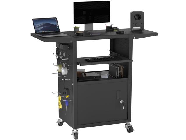 Mobile AV Cart with Pullout Keyboard Tray, Rolling Computer Cart Height Adjustable Rolling Media Utility Cart with 4 Wheels