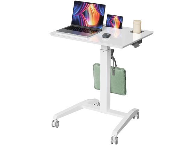 27' Mobile Rolling Standing Desk with Lockable Wheels, White Small Laptop Cart Height Adjustable with Cup Holder, Slot, Hook, Portable Pneumatic...
