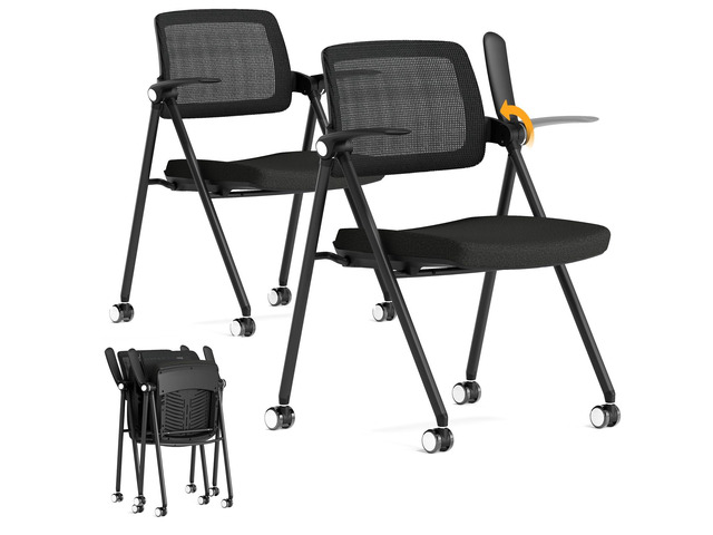 Stackable & Foldable Office Chair Set of 2, Folding Desk Chair with Flip-Up Armrest, Breathable Mesh, Thick Seat Cushion & Rocking Backrest,...