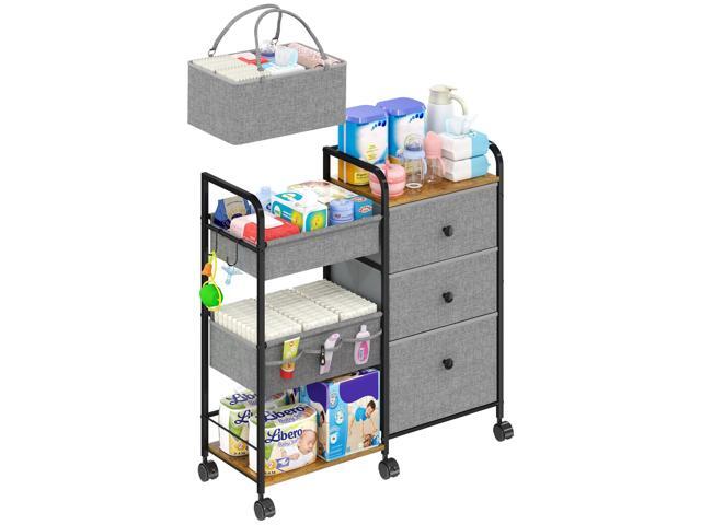 2In1 Baby Diaper Caddy Organizer and Storage, 3 Tier Rolling Cart with Dividers and Drawers, Mobile Utility Cart Baby Dresser Clothes Organizer for...