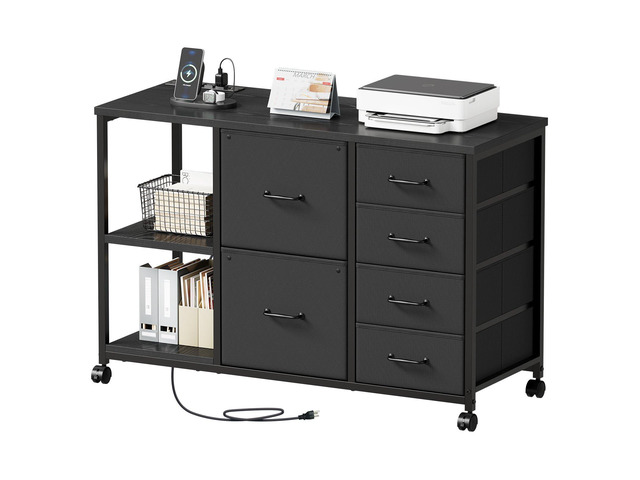 6 Drawer File Cabinet with Charging Station Rolling Printer Stand with Open Storage Shelf Fabric Lateral Filing Cabinet for Home Office,Black