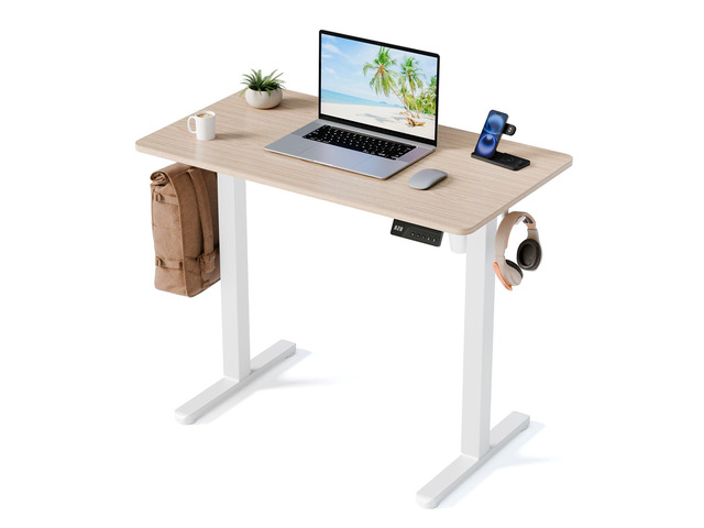 35' Electric Standing Desk, Small Sit Stand up Desk, Light Walnut Height Adjustable Computer Desk for Home Office, Compact Work & Gaming Desk...