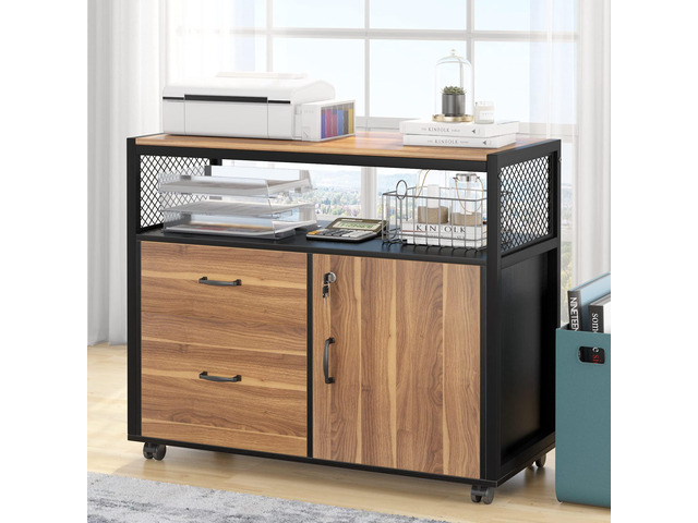 Modern File Cabinet with Drawers for Letter-Size, Lockable lateral Filing Cabinet Printer Stand with Door& Caster for Home Office. Desk Not Included