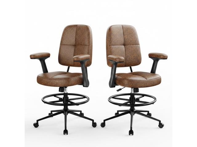 Drafting Chair with Flip-Up Armrests and Footrest, Ergonomic Tall Office Chair, Height Adjustable High Chair, Brown Leather Seat with Thick...