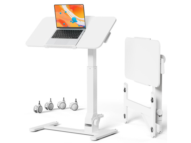 Foldable Mobile Standing Desk on Wheels, 180Â° Tilt Bedside Table Height Adjustable, 31.5' White MDF Board with Lips, Collapsible Top & Base for...