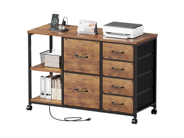 6 Drawer File Cabinet with Charging Station Rolling Printer Stand with Open Storage Shelf Fabric Lateral Filing Cabinet for Home Office,Rustic Brown2