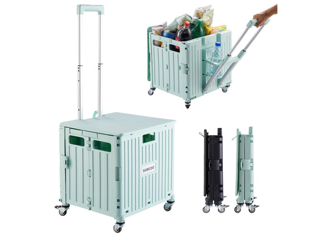 Folding Utility Cart Portable Rolling Crate Handcart Shopping Trolley Collapsible Tool Box, with Lid, on 4 Rotate Wheels, for Grocery, Shopping,...