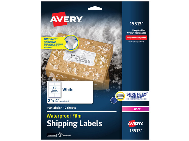 Waterproof Labels with Ultrahold Adhesive, 2' x 4', Case of 500 Labels for Laser Printers (15513)