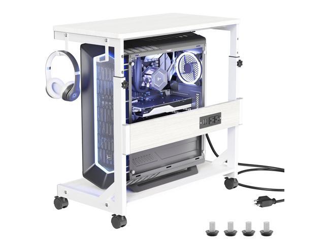 Computer Tower Stand with Charging Station for Full ATX-Case White Height Adjustable PC Stand with Wheel, CPU Holder with 2 AC Outlets + 2 USB...