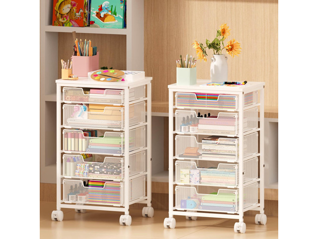 Utility Cart with 5 Drawers, Rolling Storage Cart with Wooden Tabletop and Lockable Wheels, Storage Drawer Cart with Drawers, Craft Cart for...