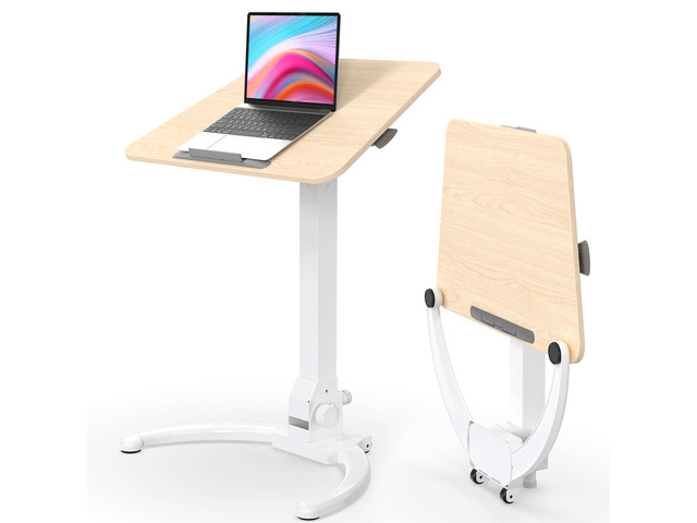 Foldable Mobile Standing Desk, 90Â° Tilt Rolling Laptop Desk, Oak Tiltable MDF Laptop Desk, Portable Cart with Hidden Wheels & Low Base,...