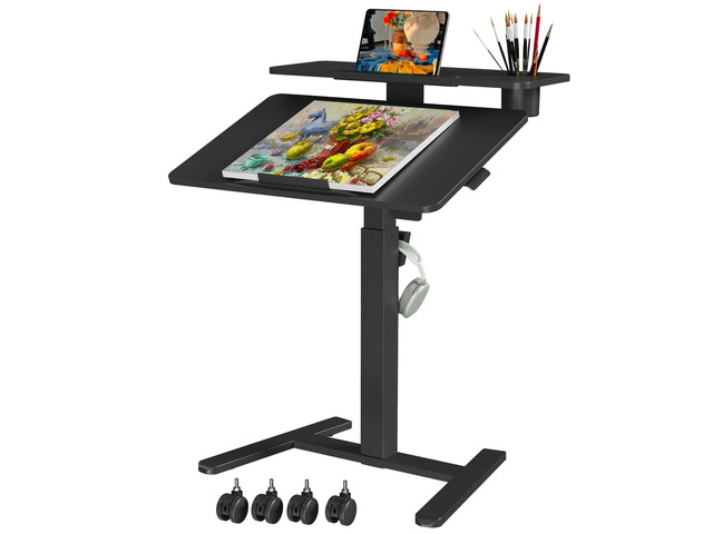 28' Mobile Standing Desk, Tiltable Top with 2-Tier Shelves, Black Pneumatic Rolling Desk, Adjustable Height Computer Workstation, Sit Stand...