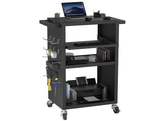 Mobile AV Cart with Pullout Keyboard Tray, Rolling Computer Cart Height Adjustable Rolling Media Utility Cart with 4 Wheels