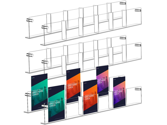 6 Pack Acrylic Brochure Holder Wall Mount 6 Pockets Brochure Holder Wall Mount Magazine Rack Clear Bookshelf Literature Storage Rack Pamphlet...